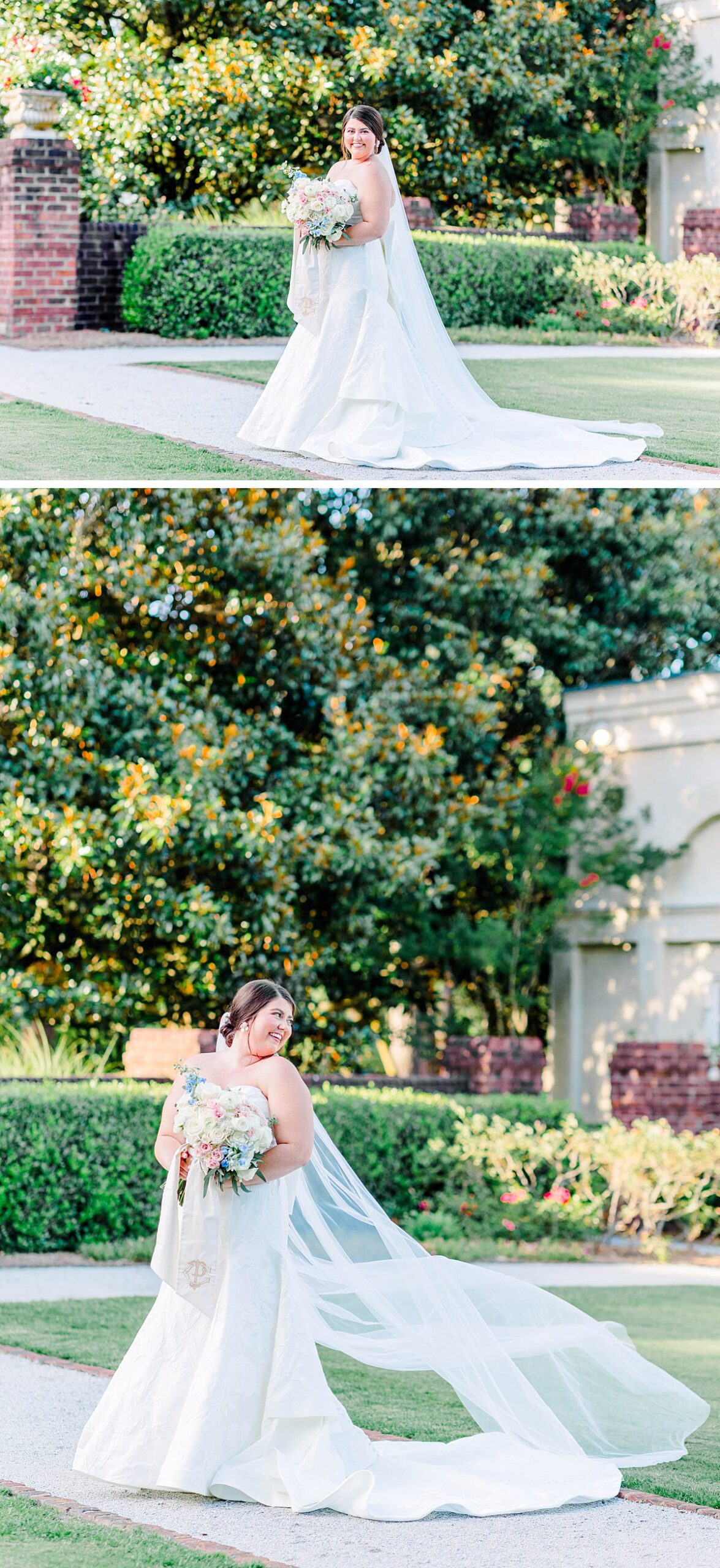 candid wedding images with cathedral veil flying behind in the wind