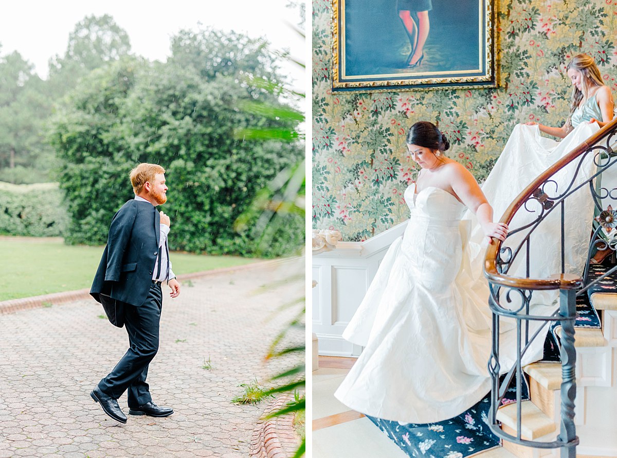 Groom walking in the rain on wedding day. Bride walking down grand staircase at Britton Manor on wedding day with sister carrying train.