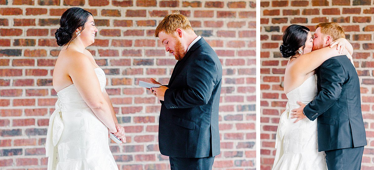 bride and groom hugs and kiss after sharing private vows on wedding day pre-ceremony