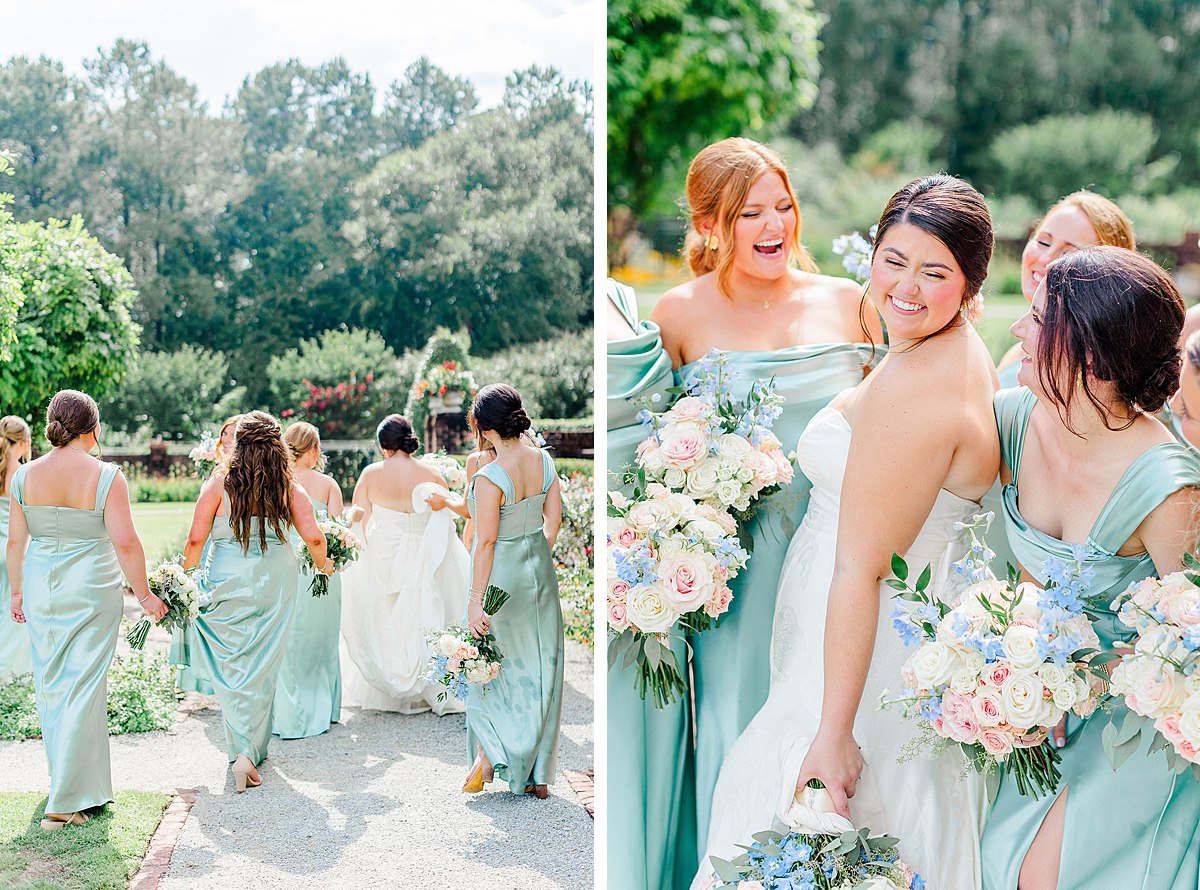 summer wedding photos of bride with bridesmaids in sage green satin bridesmaids dresses holding baby pink, white, and blue bridesmaids bouquets