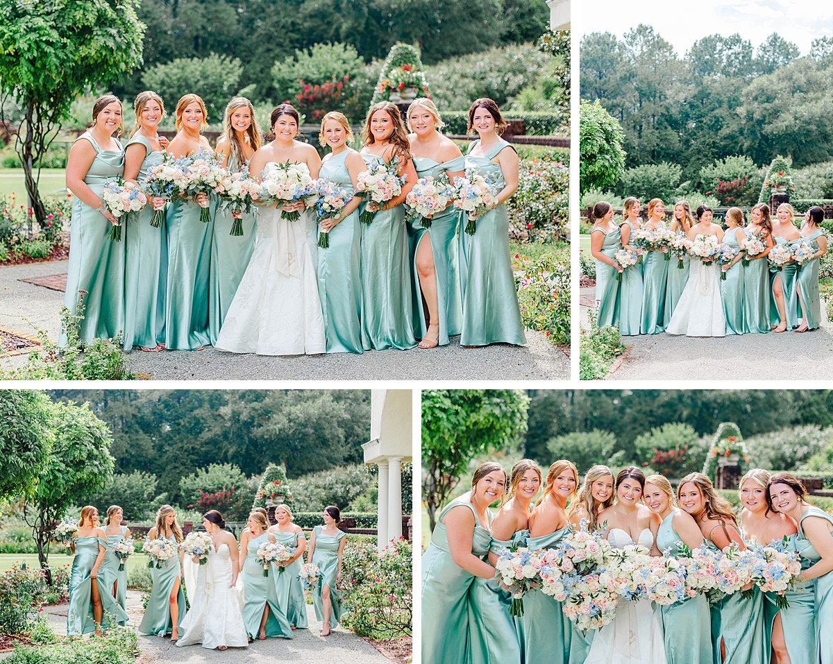 summer wedding photos of bride with bridesmaids in sage green satin bridesmaids dresses holding baby pink, white, and blue bridesmaids bouquets