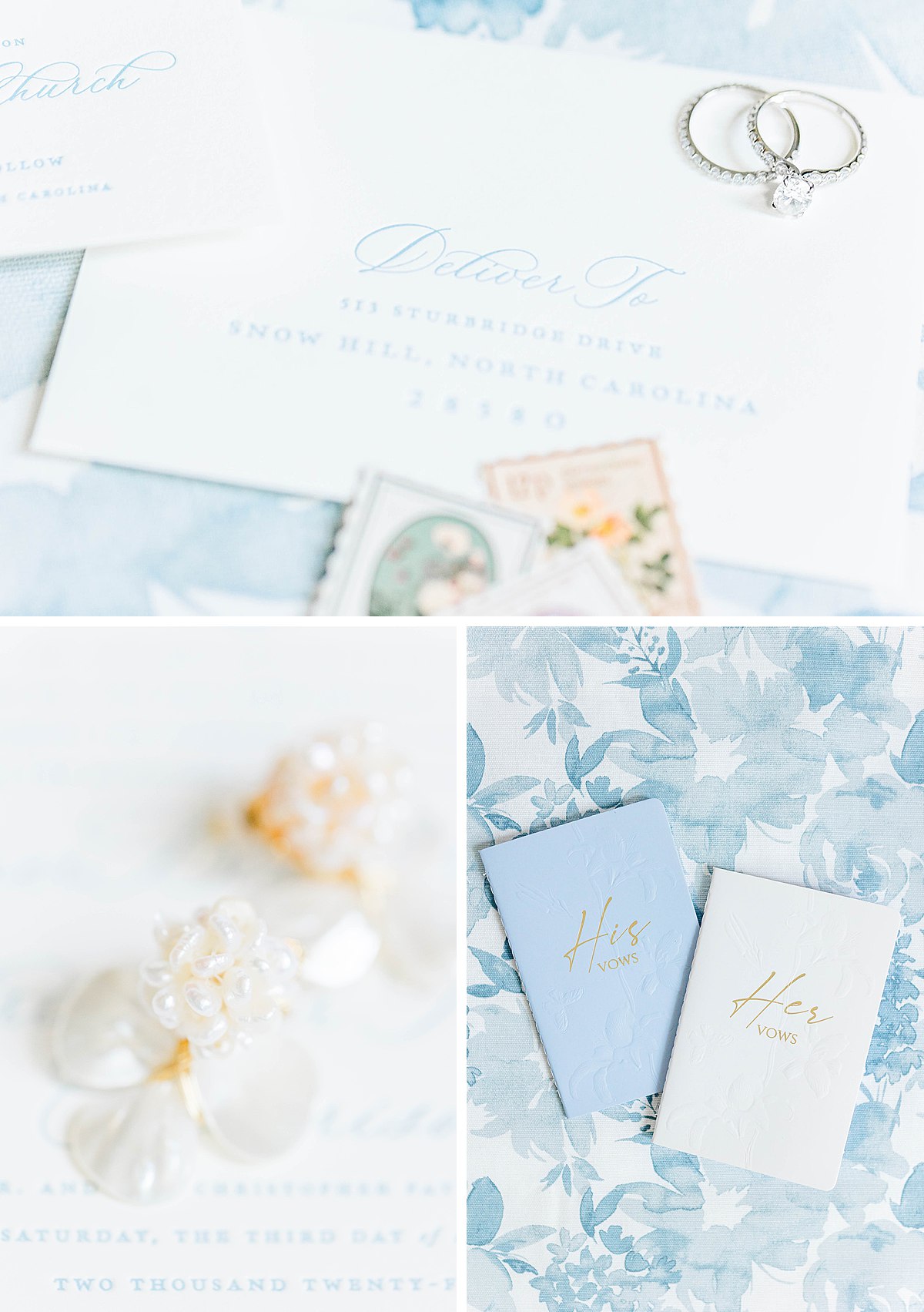 Blue and White Wedding Details by Kelsie Zeagler Photography including wedding stationary, bridal earrings, and vow books