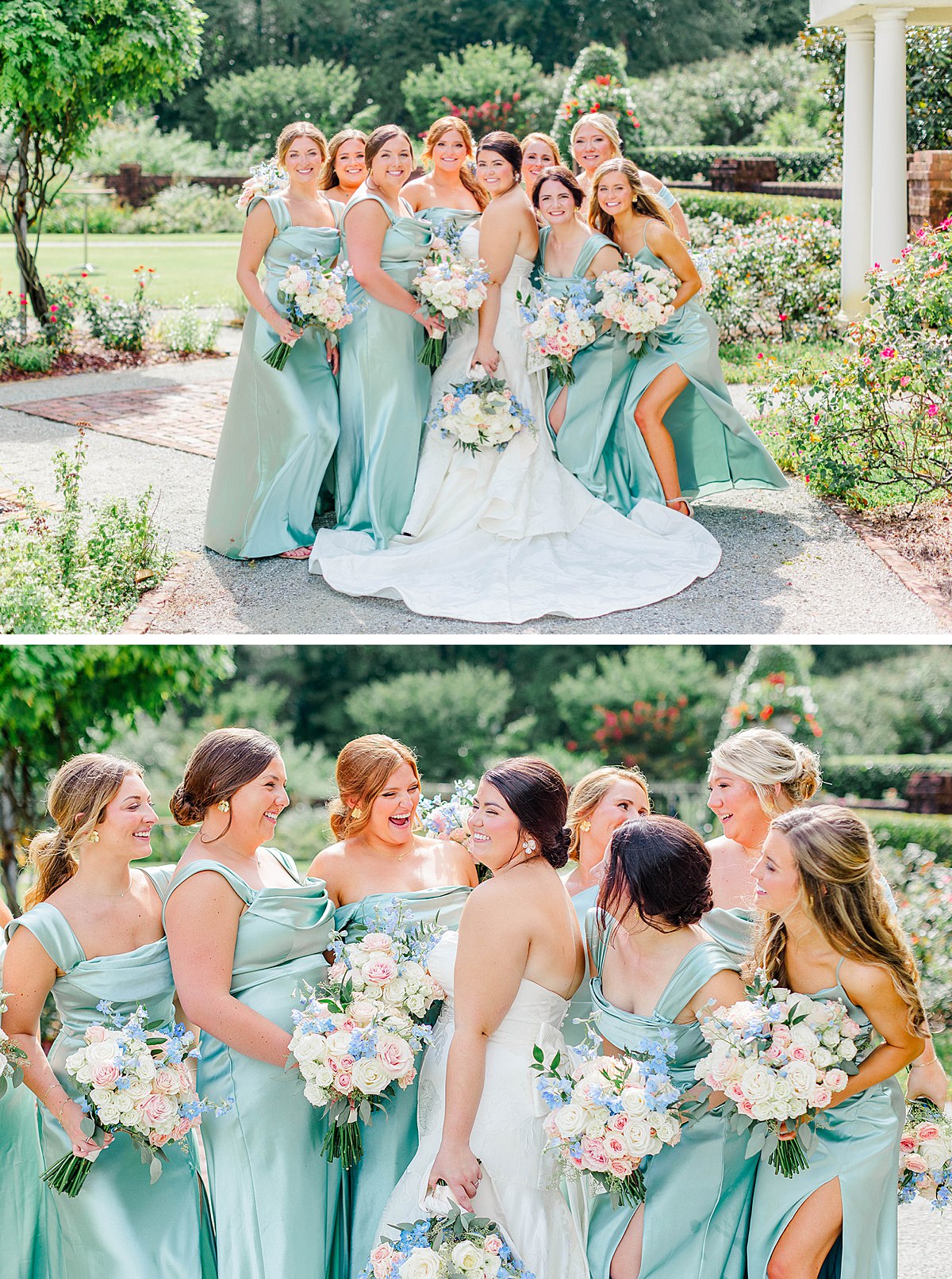 summer wedding photos of bride with bridesmaids in sage green satin bridesmaids dresses holding baby pink, white, and blue bridesmaids bouquets