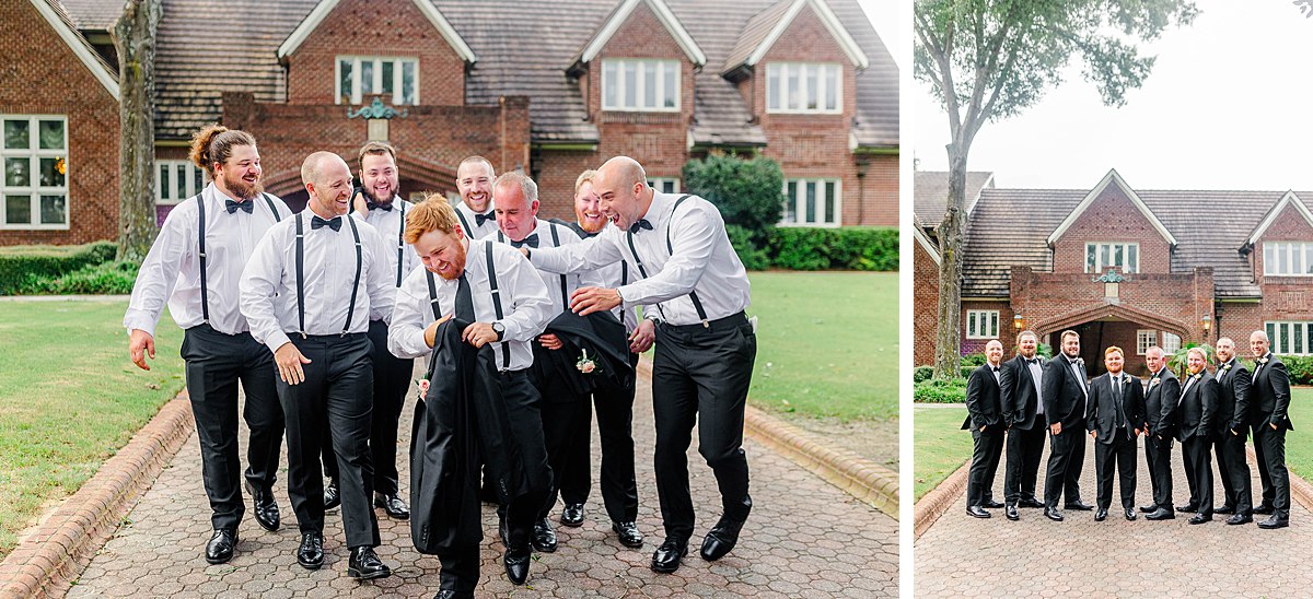 summer wedding photos of groom and groomsmen in classic black and white with suspenders