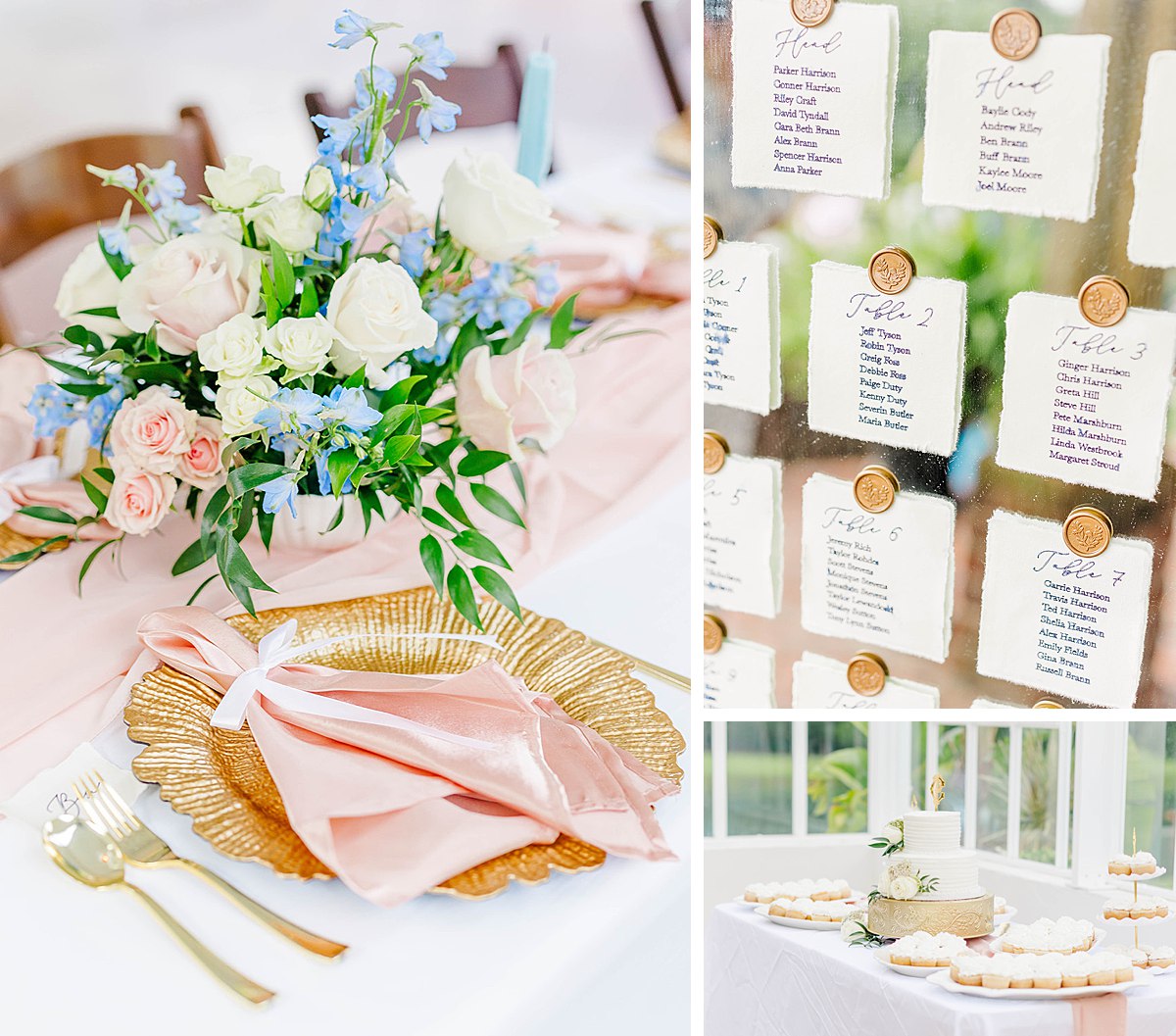 pink, cream, gold, and blue summer wedding reception details