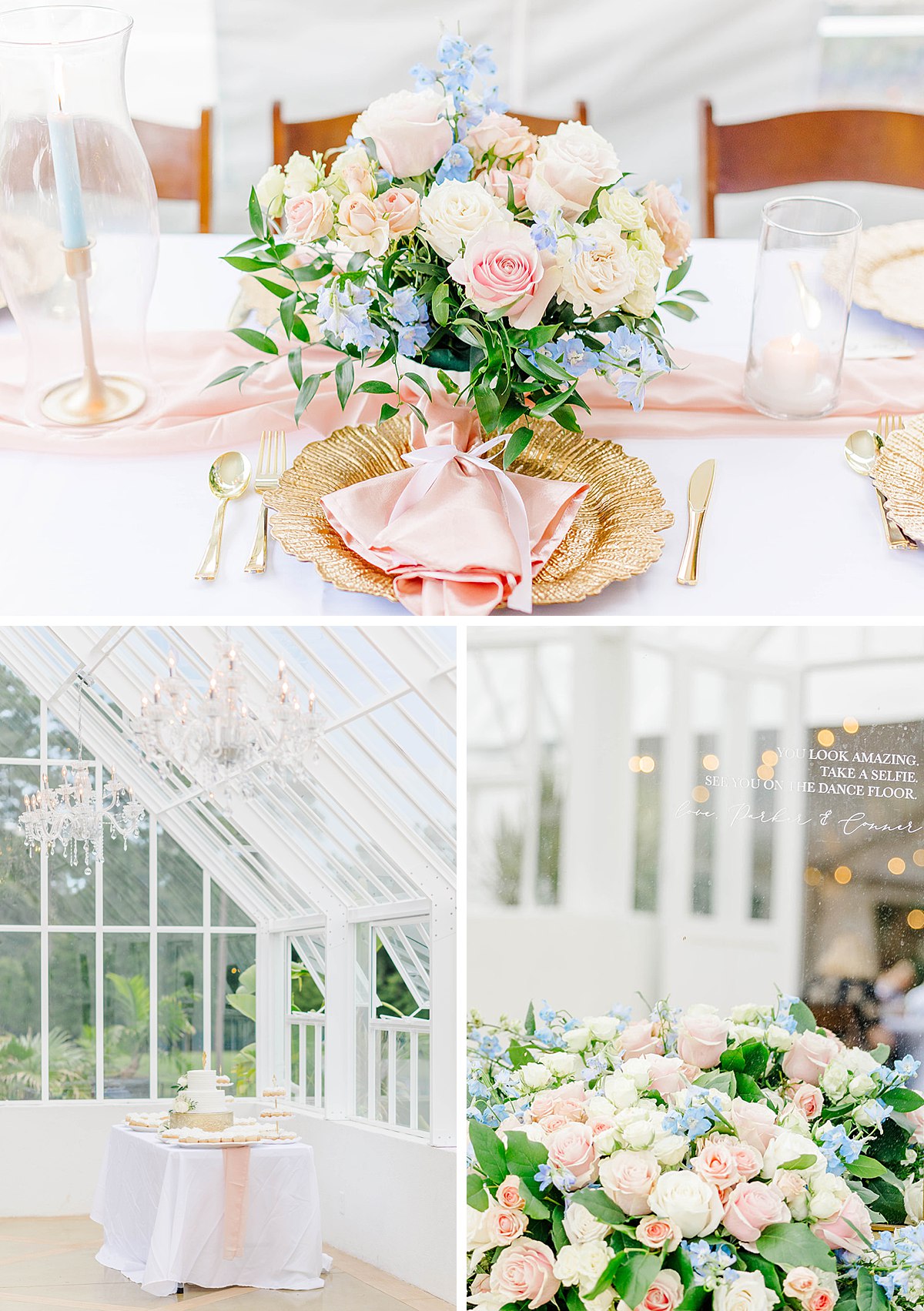 pink, cream, gold, and blue summer wedding reception details