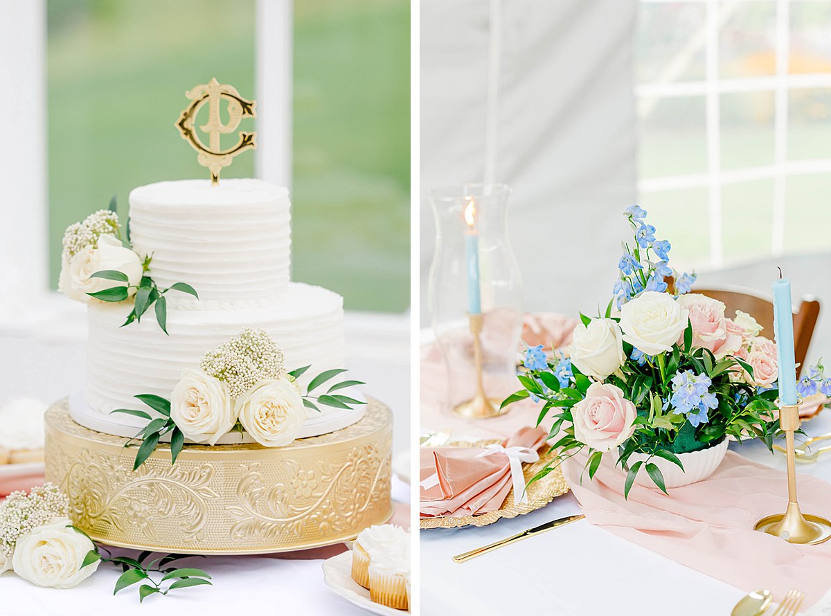 traditional wedding cake on a gold cake stand featuring a custom wedding crest cake topper