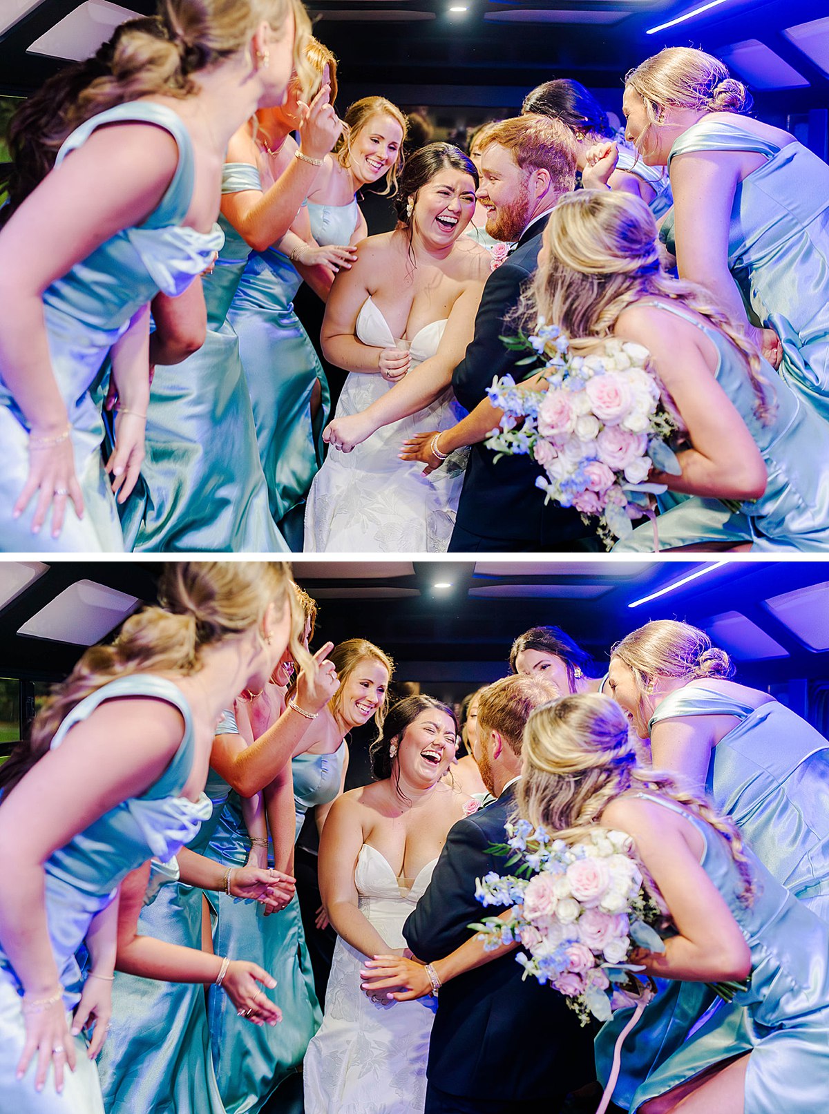 bridal party parties in party bus on wedding day in eastern north carolina