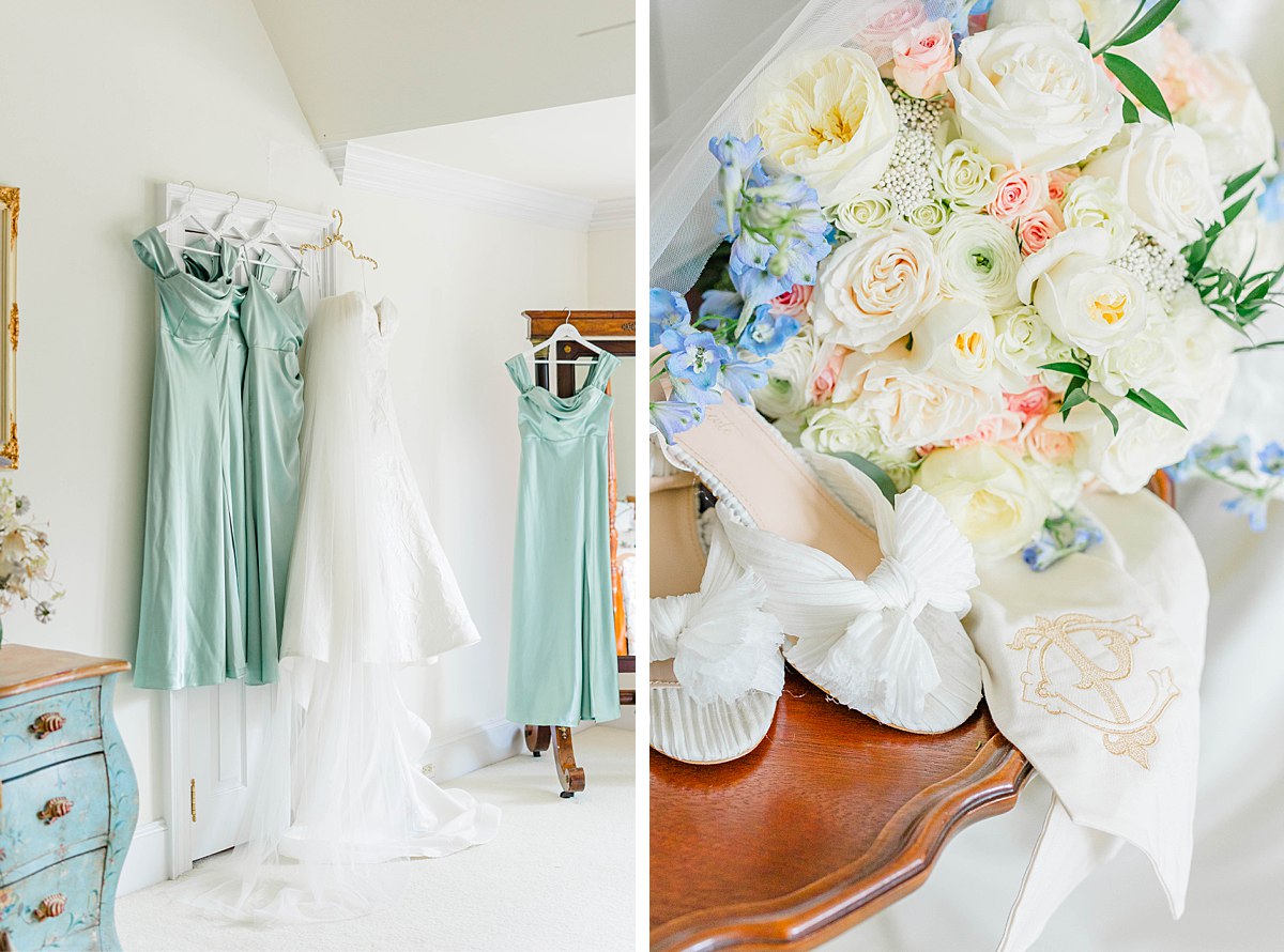 Wedding day details of bridal gown, sage green bridesmaids dresses, custom wedding crest, bridal shoes, and bridal bouquet