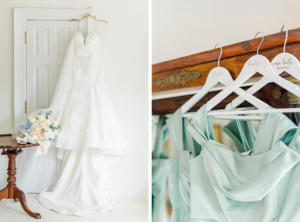 Wedding Photography bridal details with bridal gown and custom bridesmaids hangers 