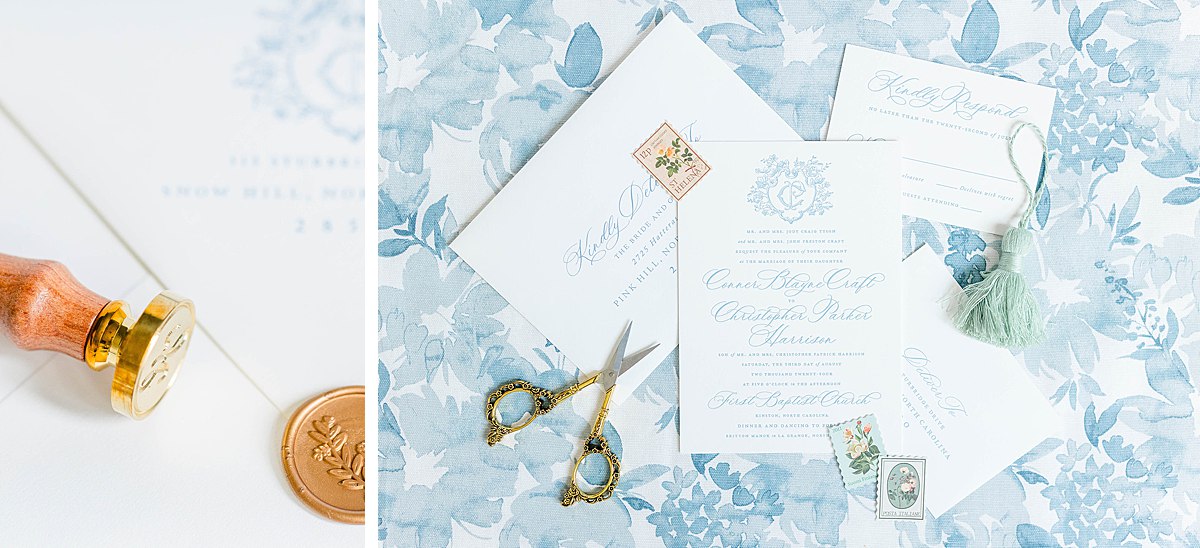 Blue and white wedding stationary including custom wedding crest for classic southern wedding