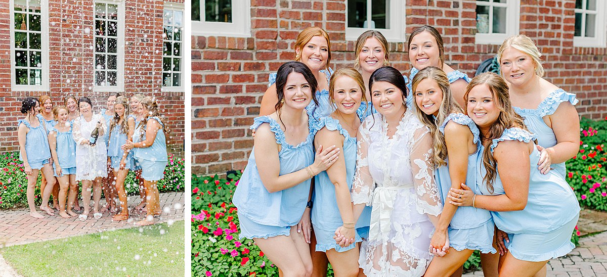 Bridesmaids champagne pop in matching baby blue pajamas. Bride is in white robe.