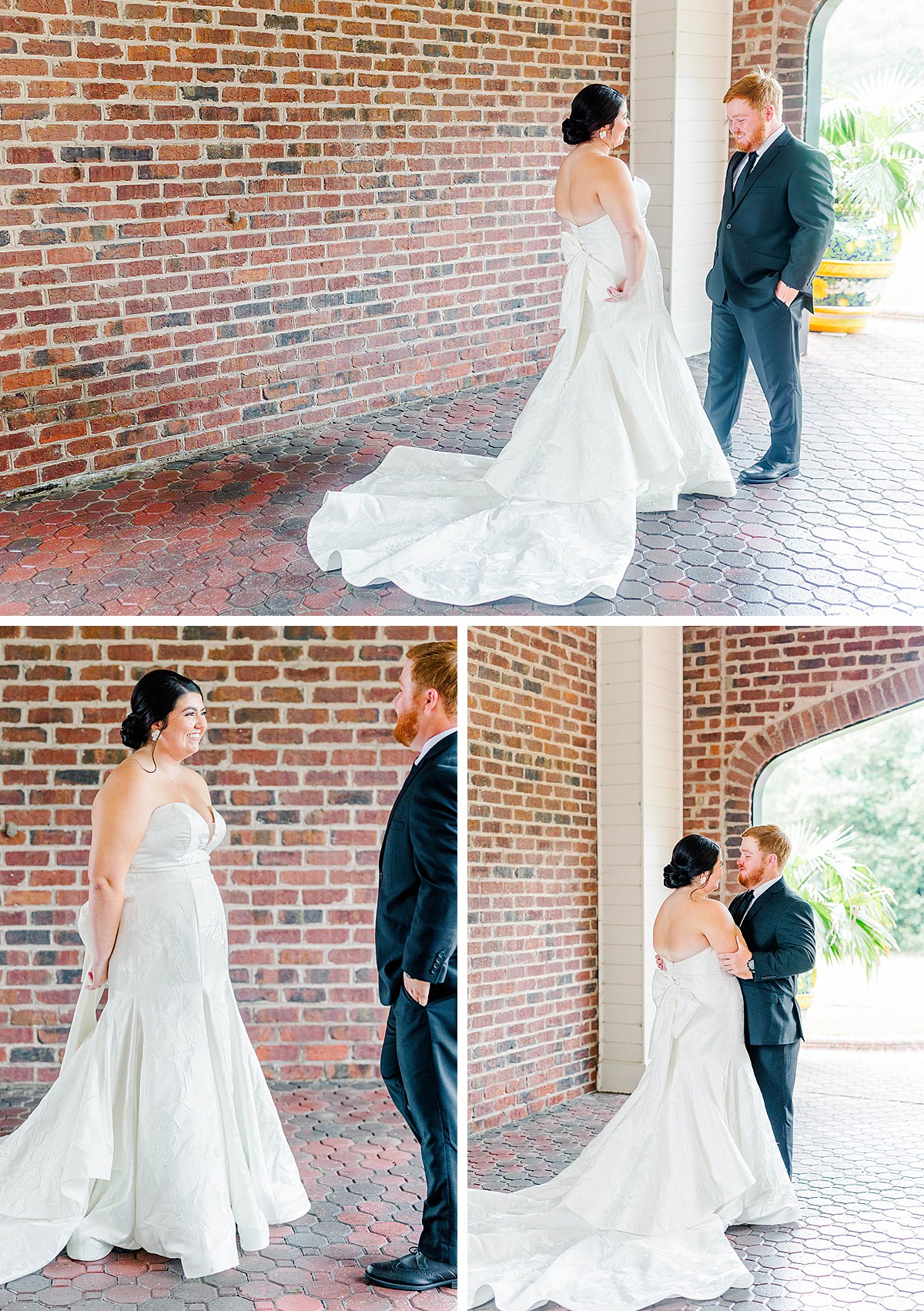 First look with bride and groom on rainy wedding day in north carolina at britton manor