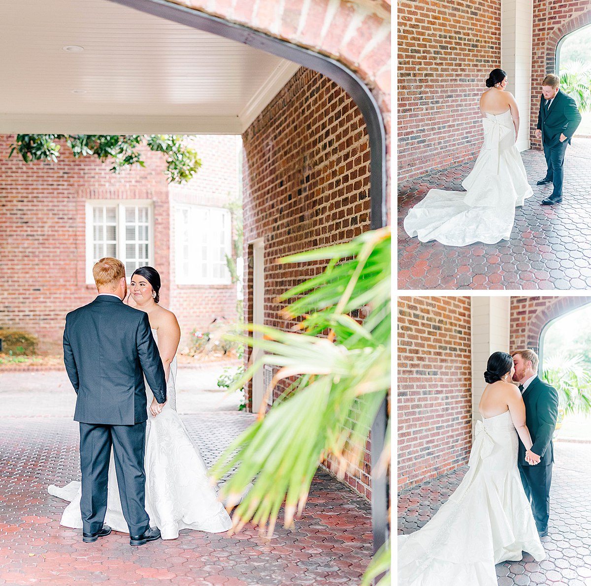 First look with bride and groom on rainy wedding day in north carolina at britton manor