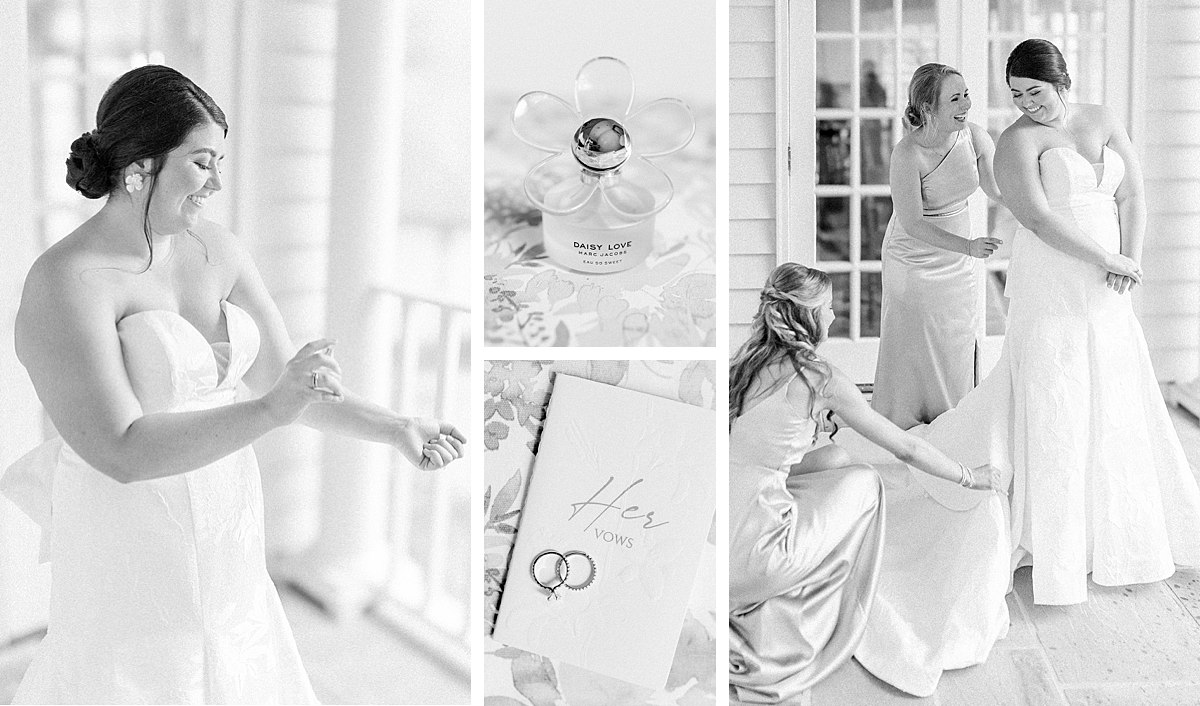 timeless, elegant, black and white getting ready photos of bride. Daisy Love wedding day perfume.