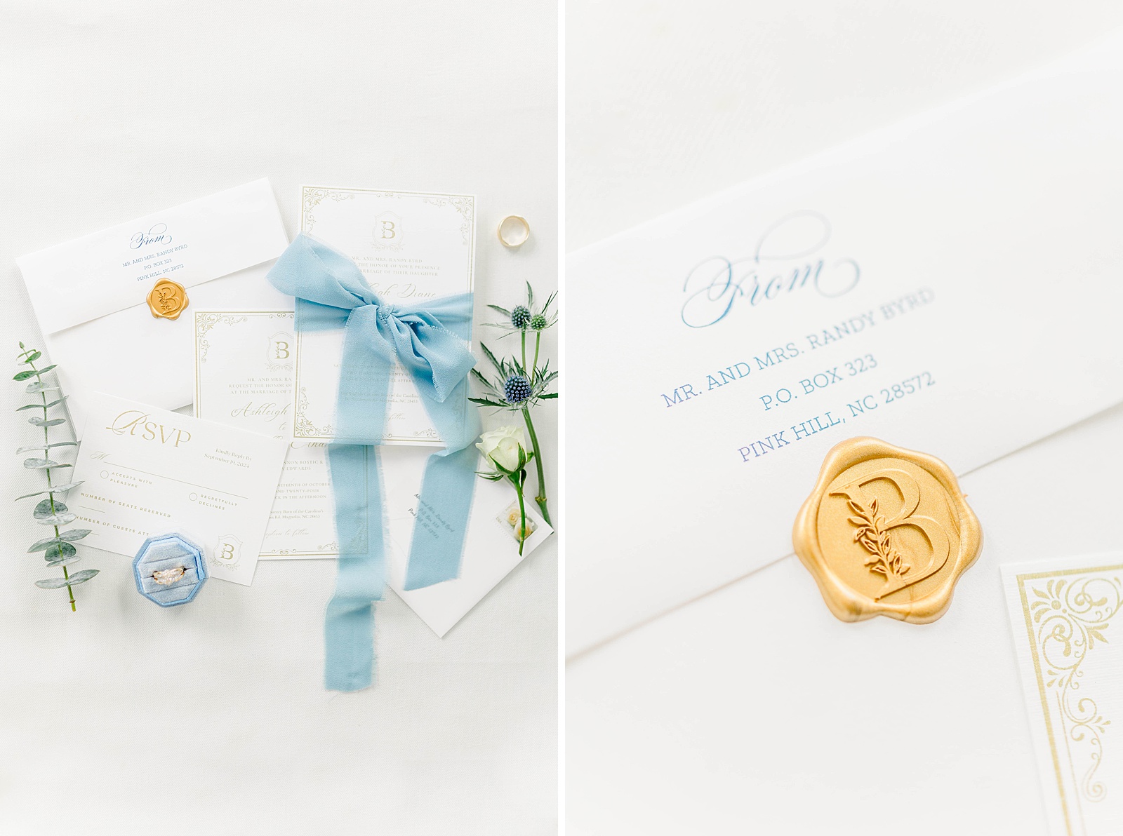 Dusty blue and white invitation suite for fall wedding at The English Coastal Barn. 