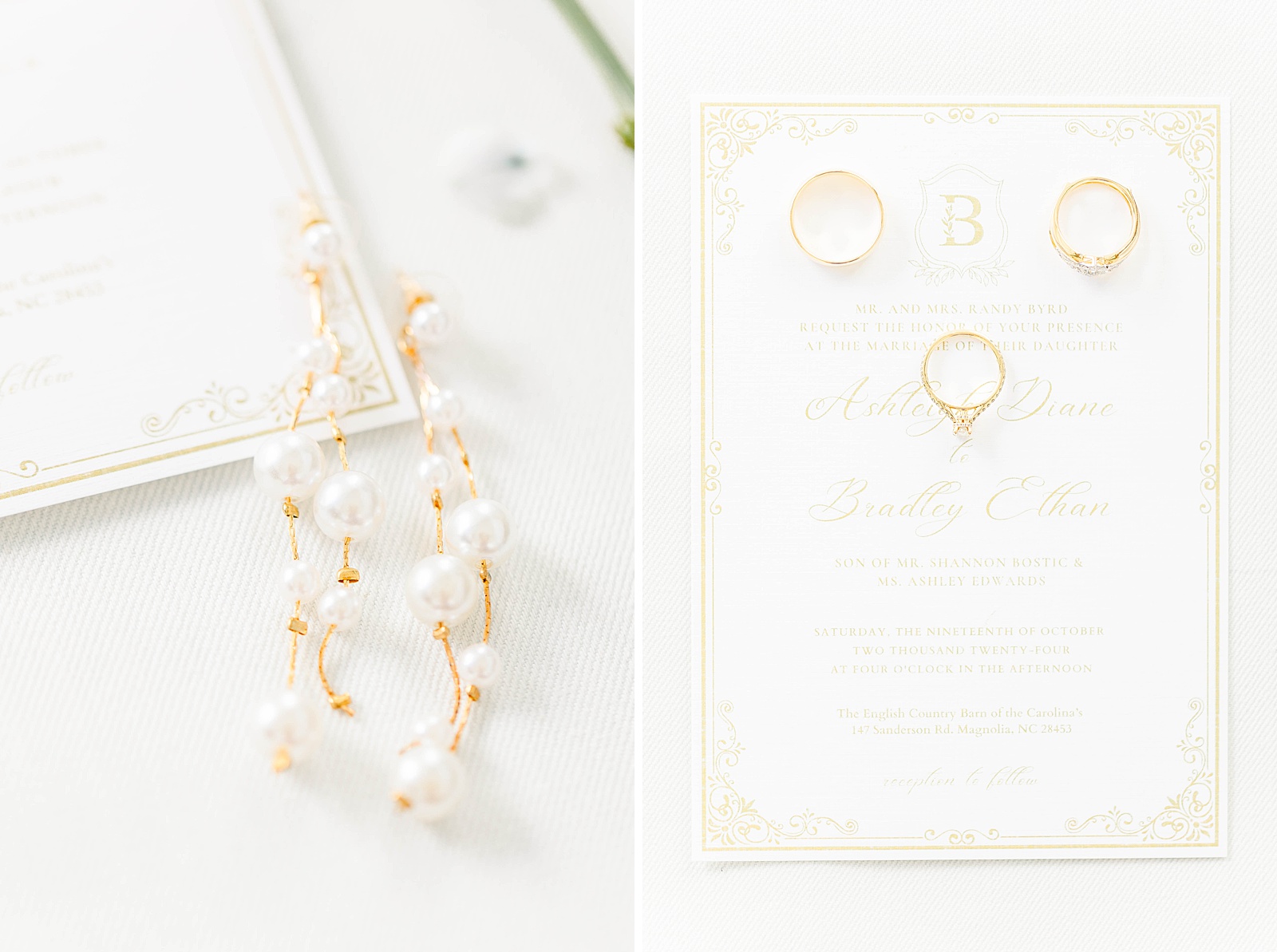 White and Gold invitation and accents for a fall wedding in North Carolina. 