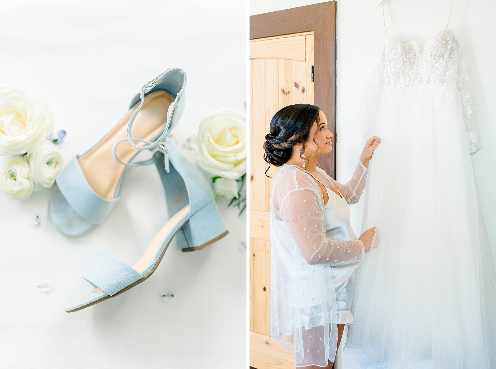 Bridal details for a blue and white North Carolina wedding at The English Country Barn. 