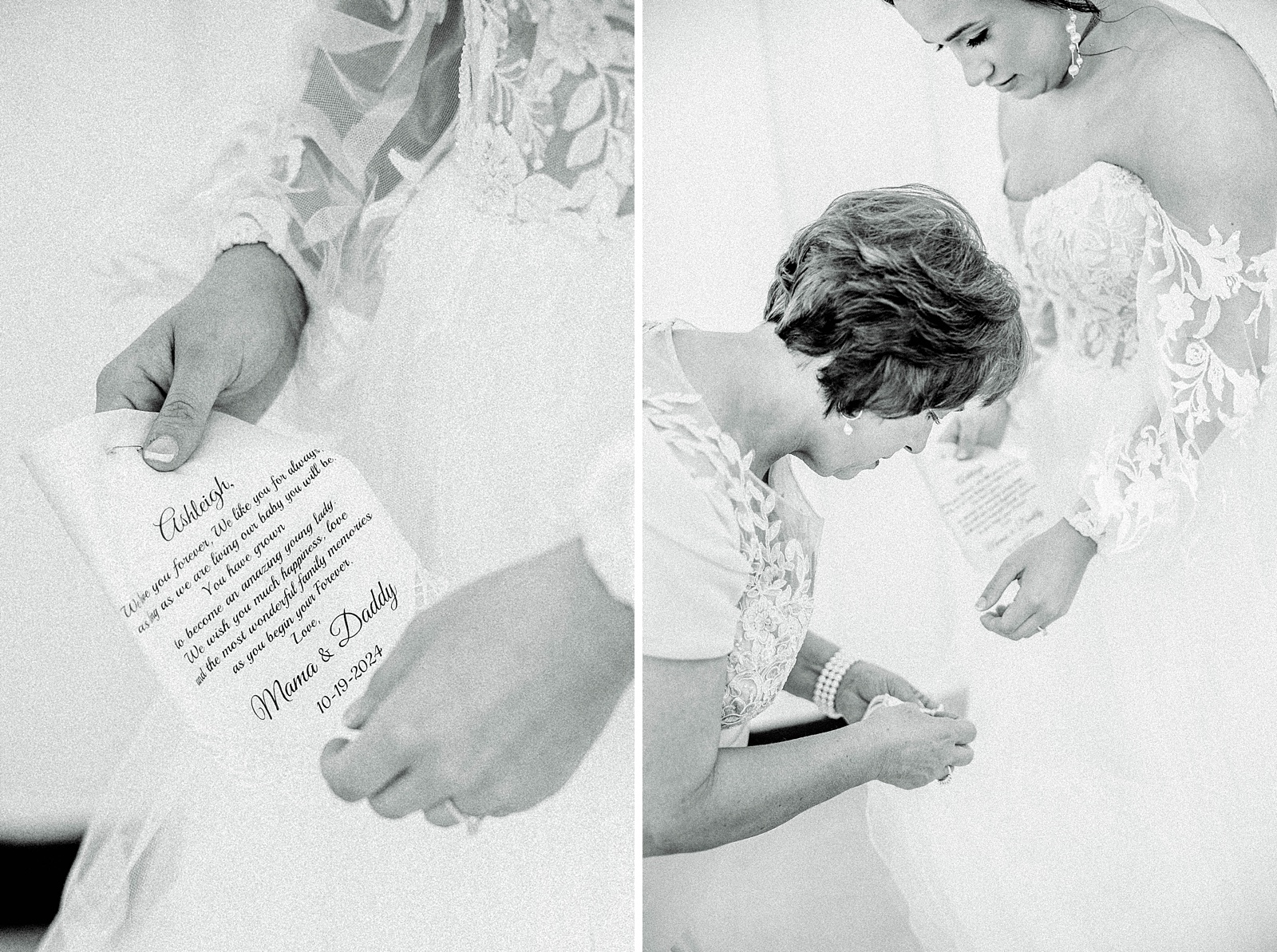 A pinned letter from Bride's parents under wedding dress. Wedding Traditions in North Carolina. Photography by Kelsie Zeagler. 