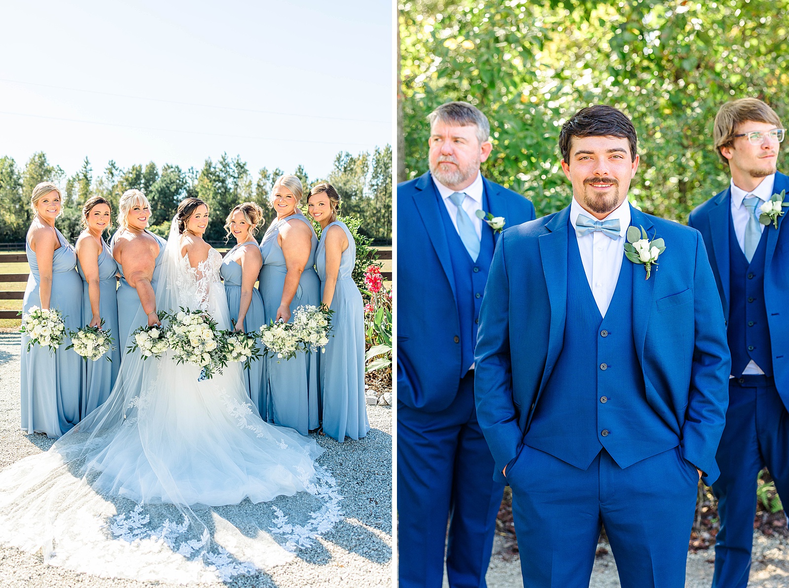 Bridal party for blue and white NC fall wedding. 