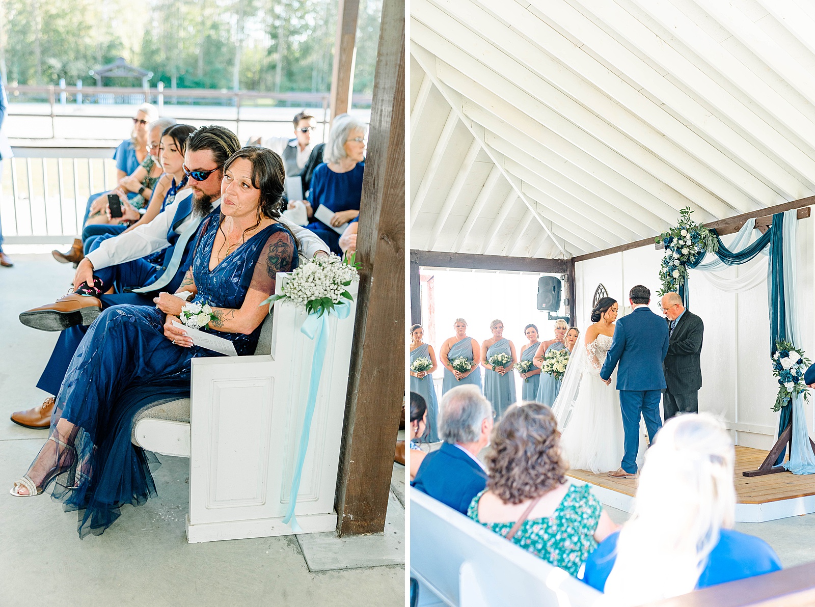Blue and white wedding ceremony in North Carolina at The English Country Barn wedding venue. 