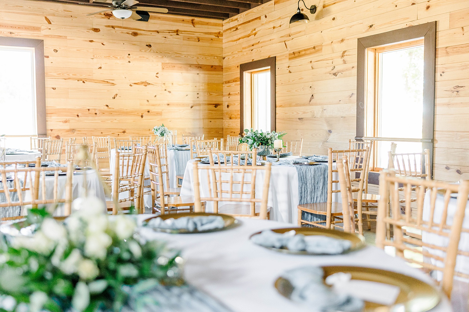 Blue, White, and Tan wood Reception details for a fall wedding in North Carolina