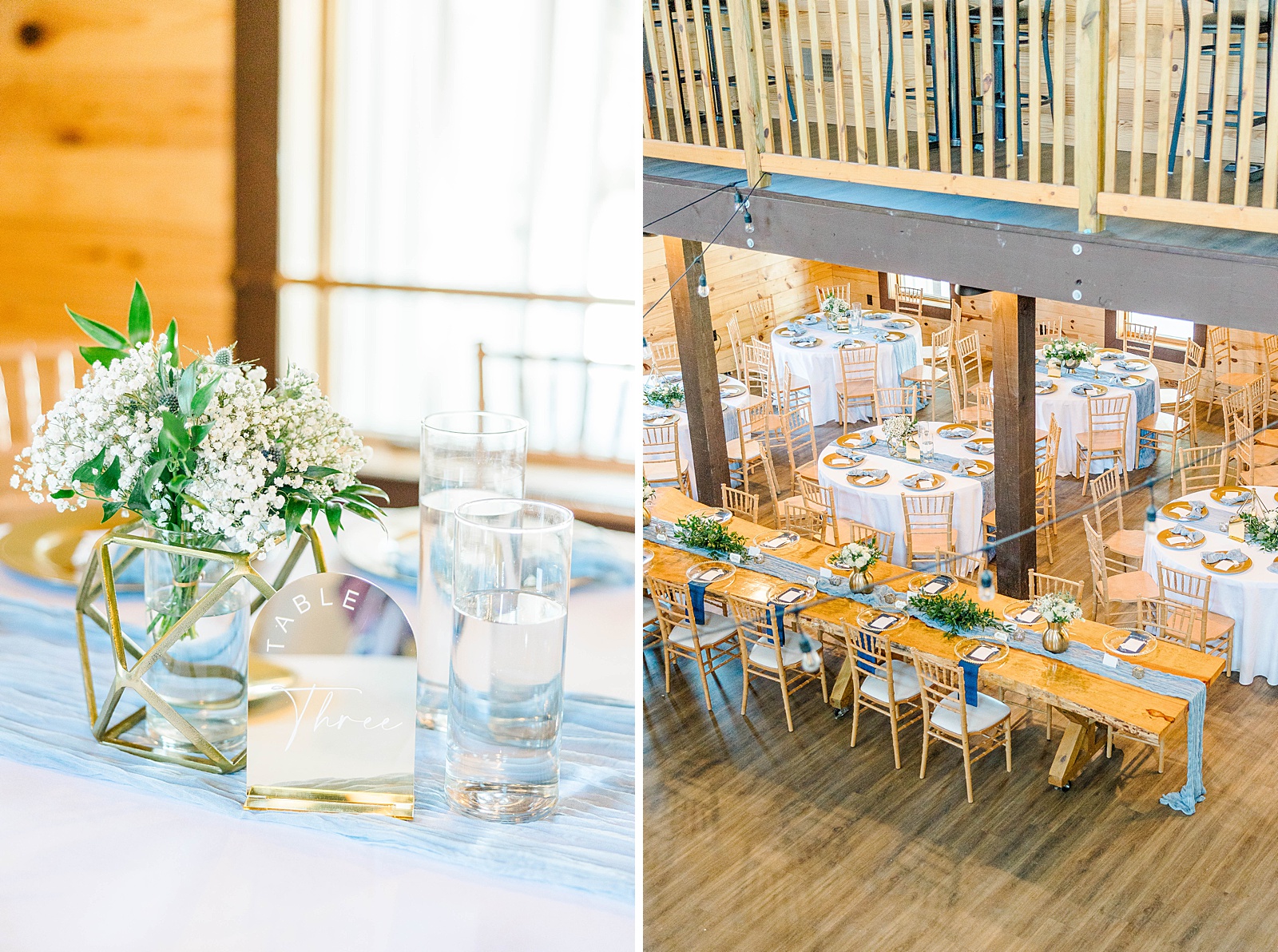 Blue, white, and natural wood wedding reception details for a fall NC wedding at the English Country Barn