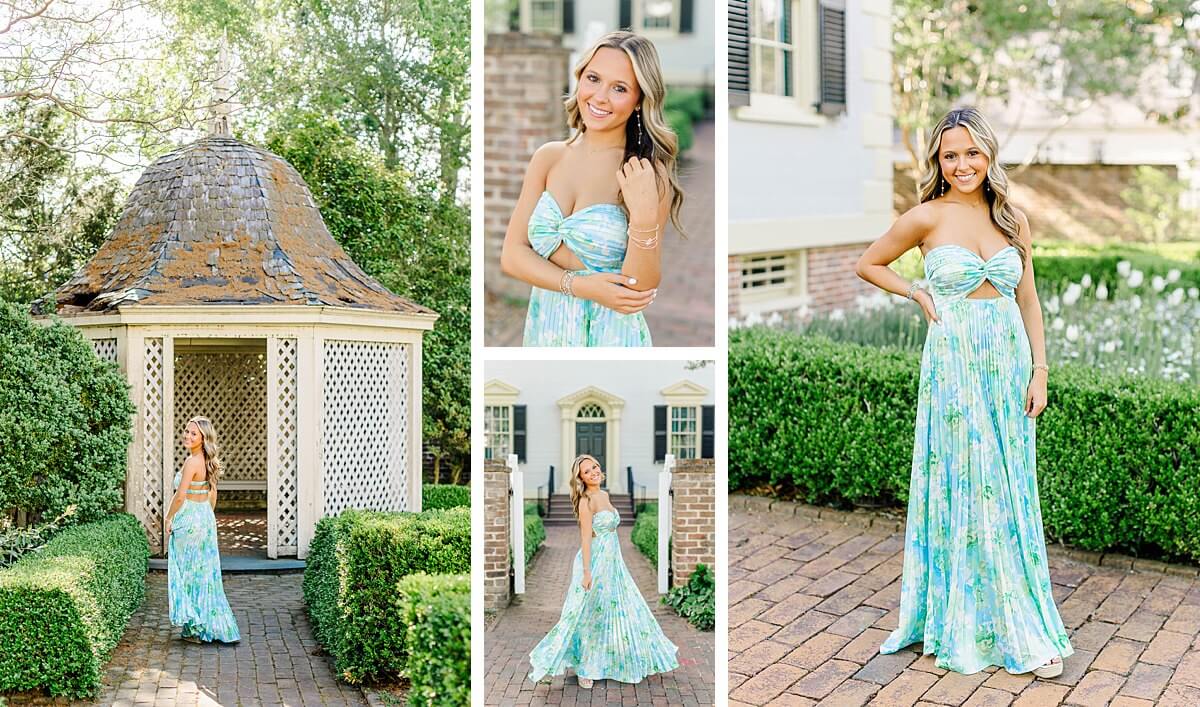 High school senior in a pastel blue and green floral dress posing around the historic Tryon Palace gardens in New Bern, North Carolina during spring