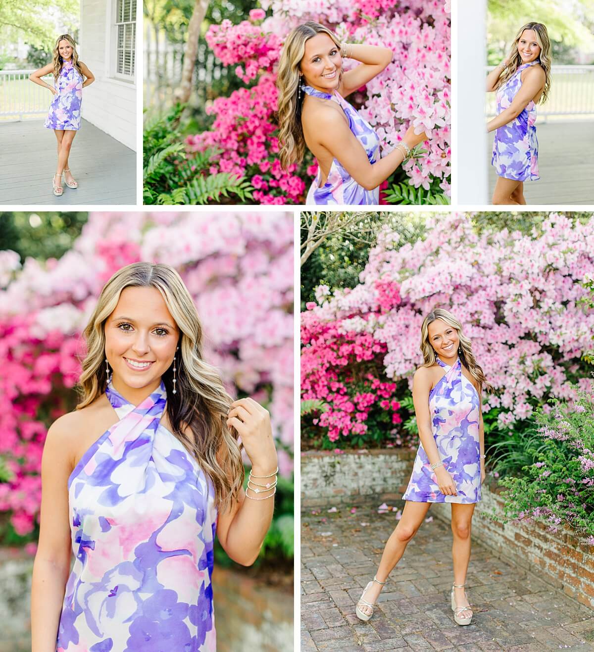 Senior girl in a purple and pink floral mini dress posing with bright azalea blooms during her spring senior session in New Bern, North Carolina