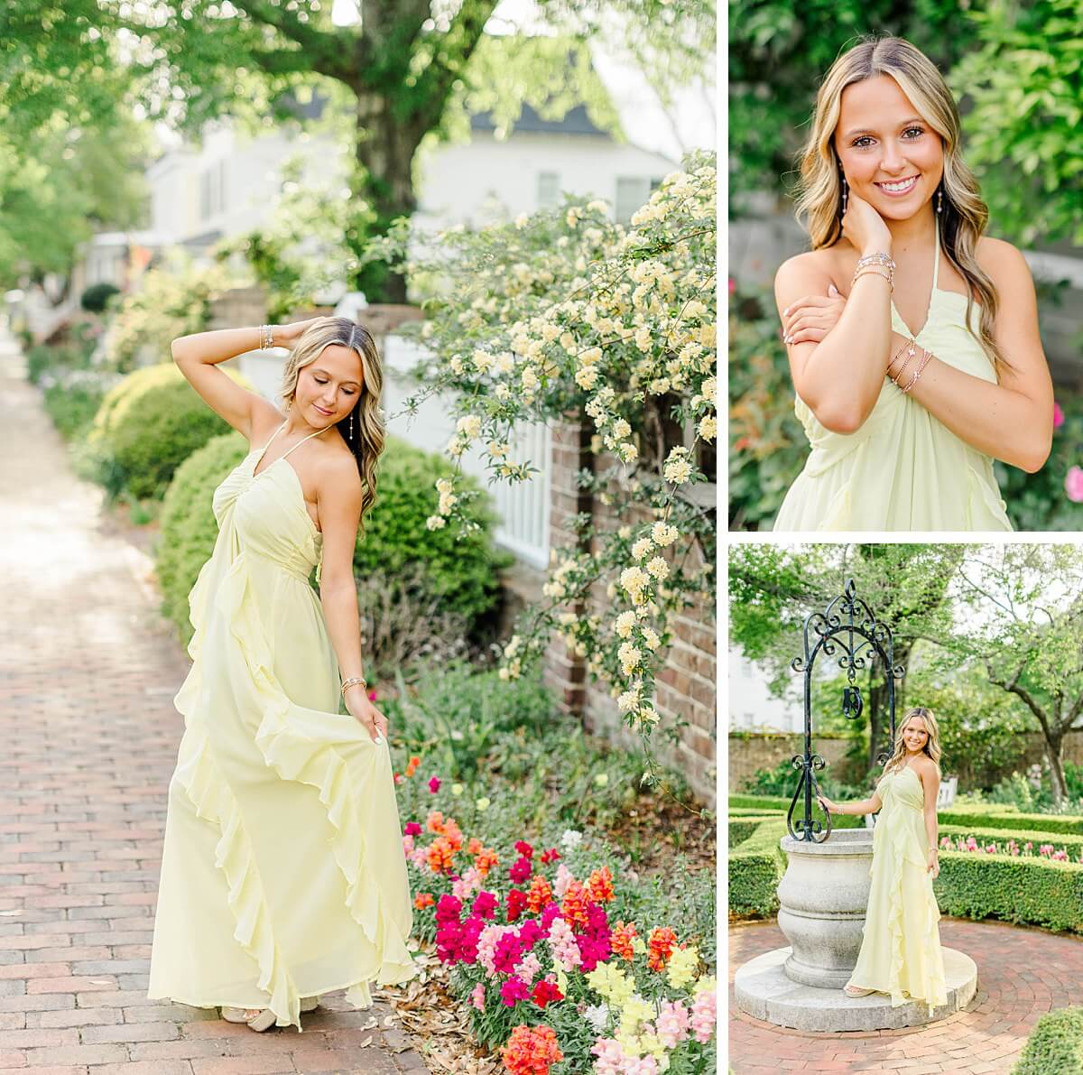 Senior girl in a flowy yellow dress posing along brick walkways and spring gardens during her senior photo session in New Bern, North Carolina