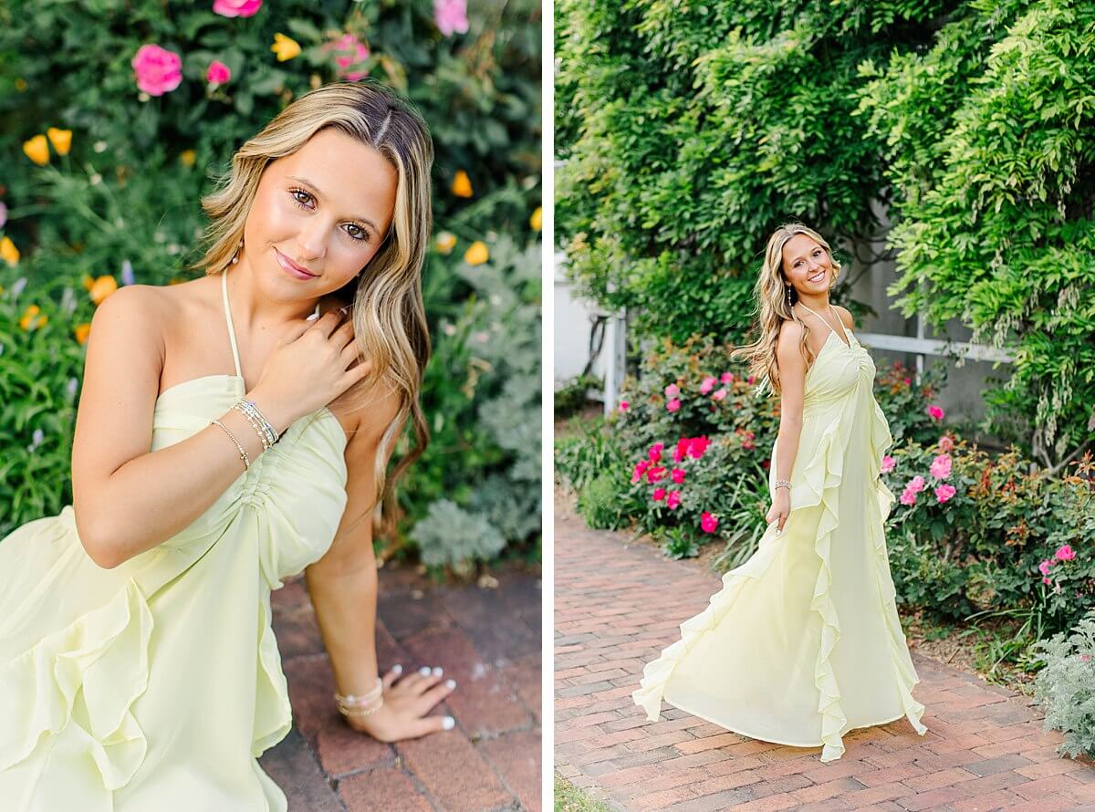 Senior girl in a soft yellow dress posing in colorful spring garden during her New Bern senior photo session in Eastern North Carolina