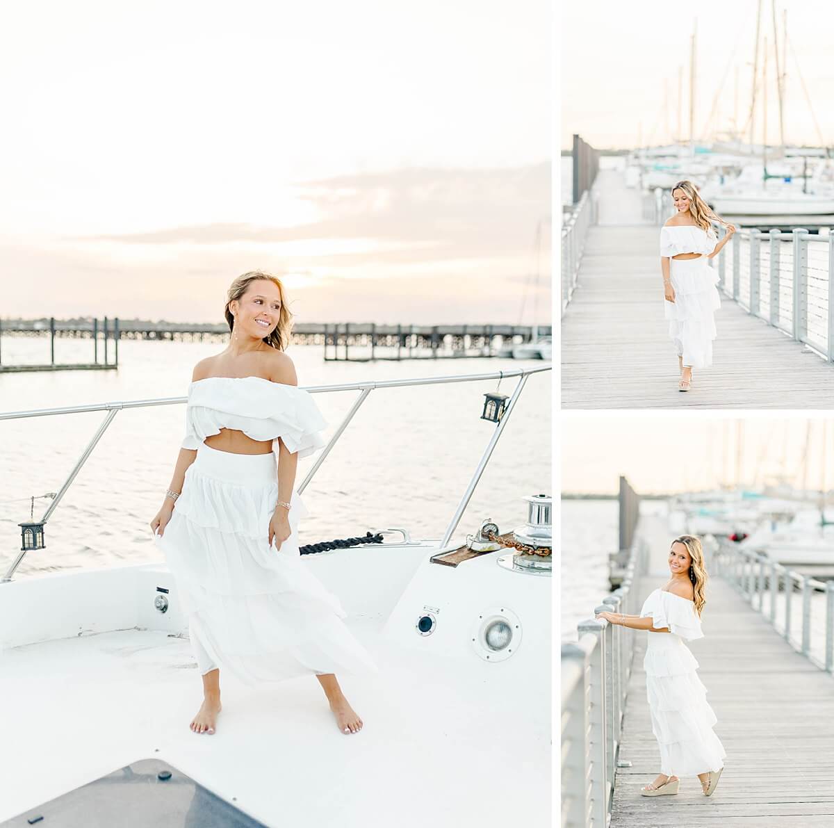 Senior girl in a white two-piece outfit posing barefoot on a docked boat and along the pier at New Bern marina during golden hour
