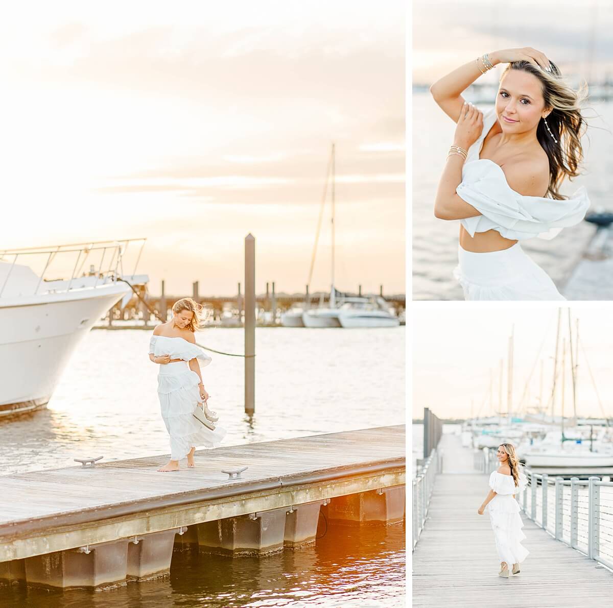 High school senior in a white off-shoulder outfit posing on a marina pier at sunset in New Bern, North Carolina, with wind-blown hair and golden light