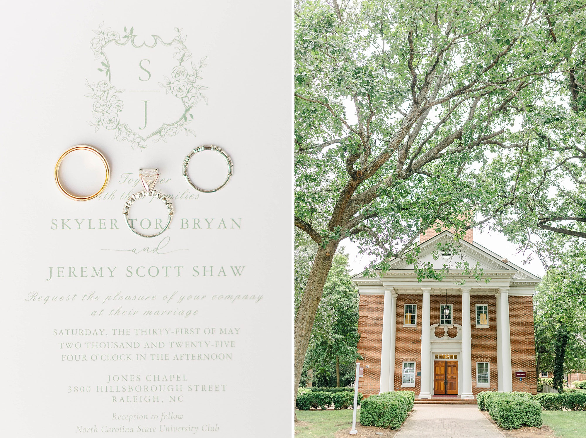 Wedding invitation and The Meredith Chapel at Meredith College in Raleigh, NC