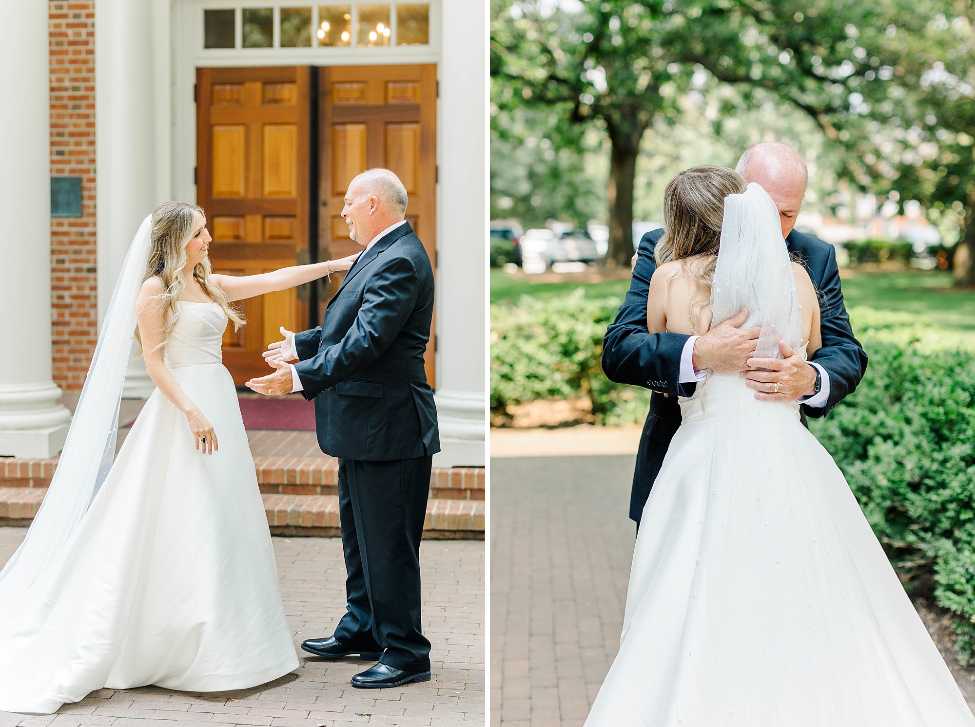 First look with dad and her bride at Meredith College wedding