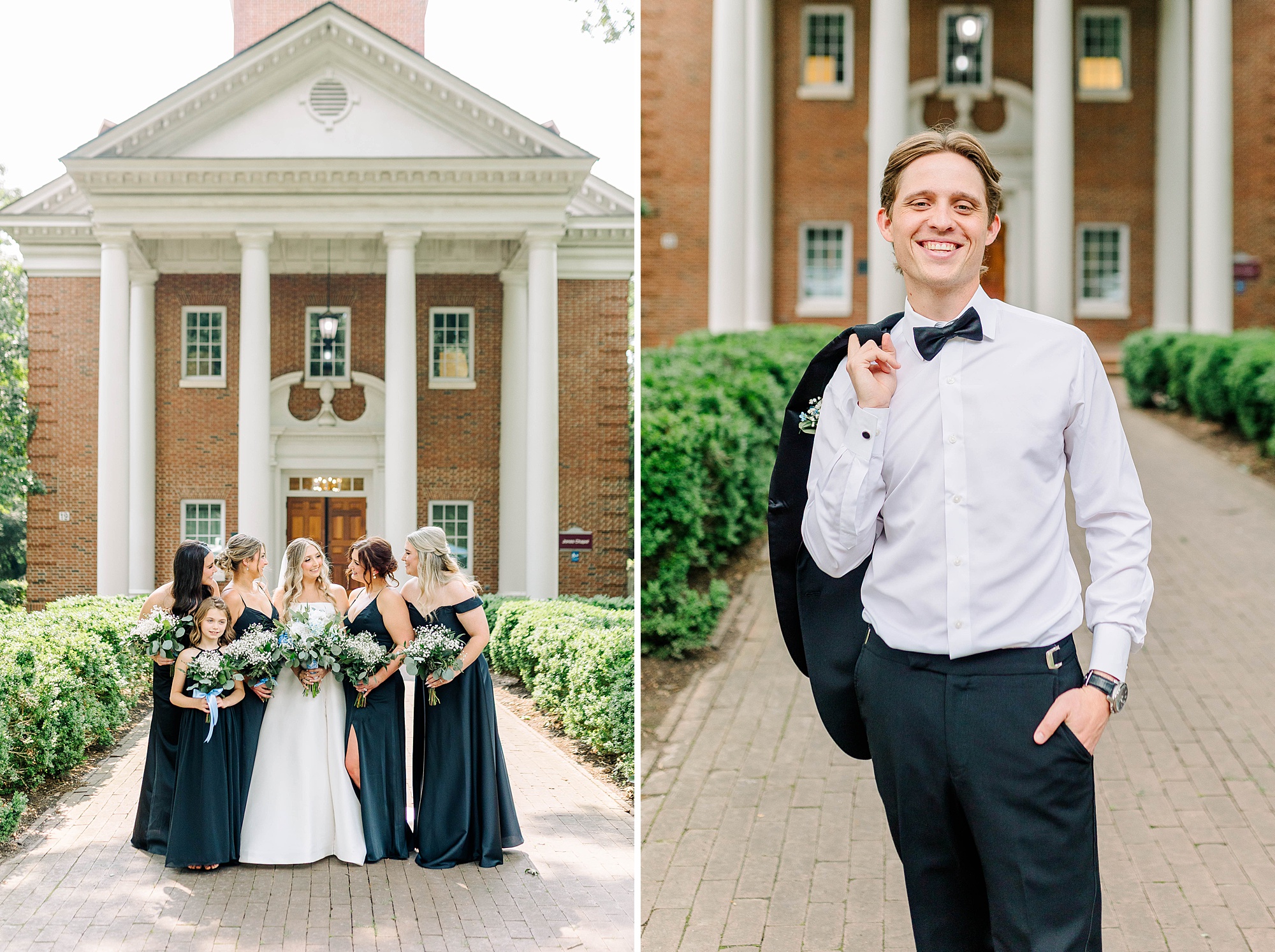 Bridesmaids and groom in front of Meredith Chapel in Raleigh NC