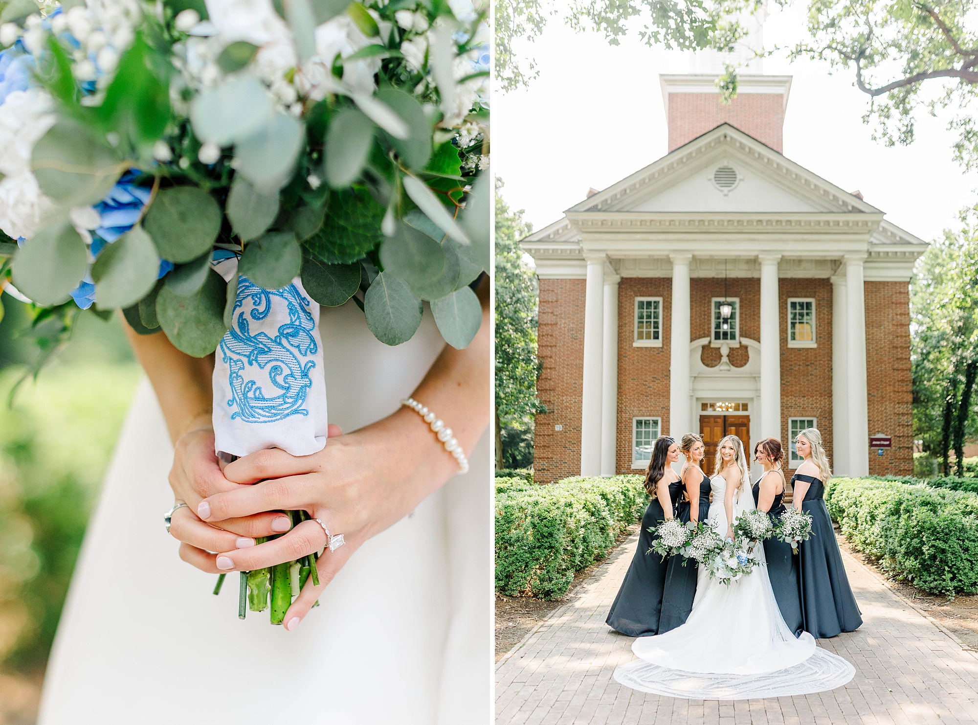 Bouquet wrap with monogram and bridesmaids at Meredith College wedding