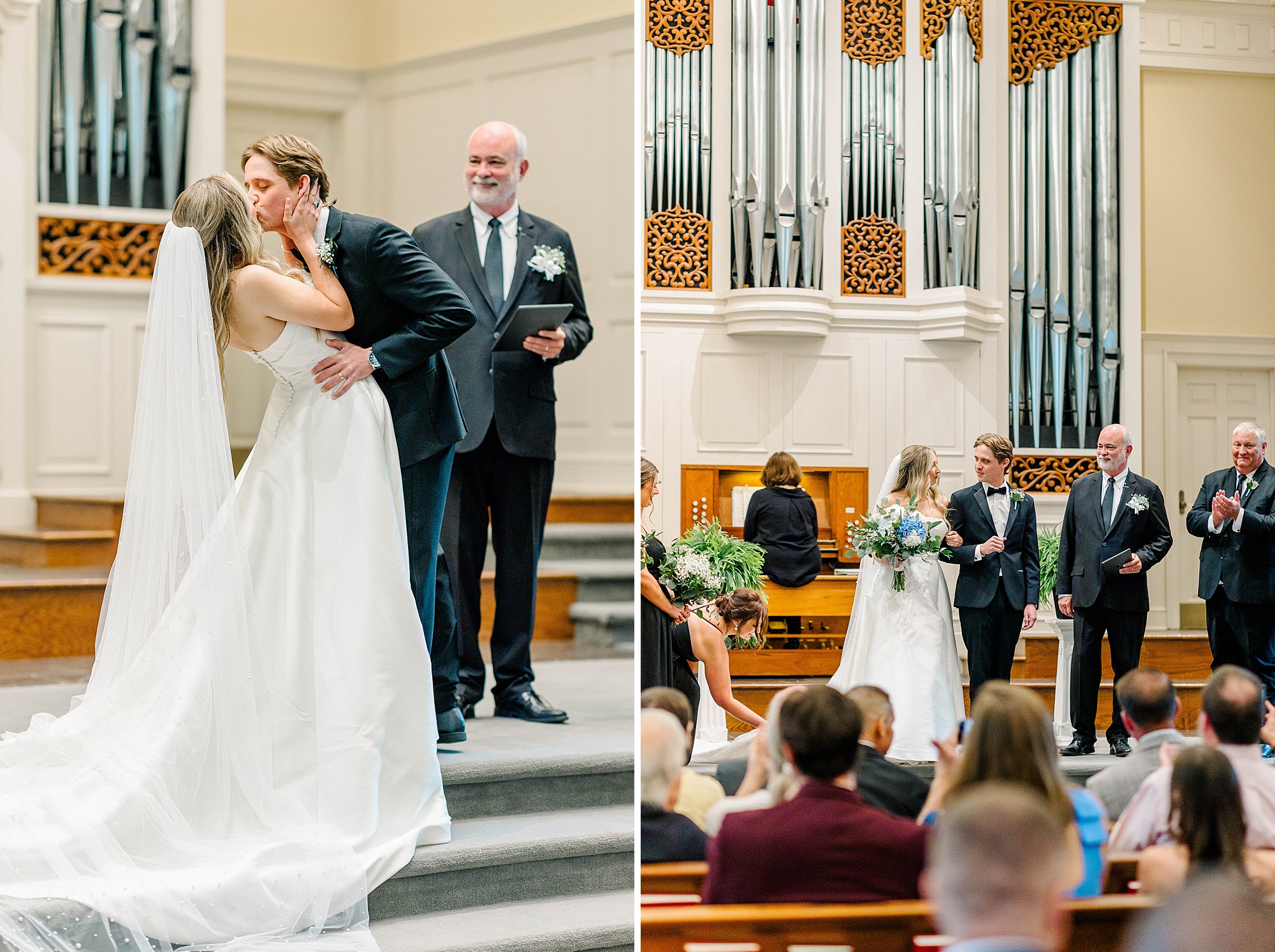 First kiss during wedding ceremony at Meredith College