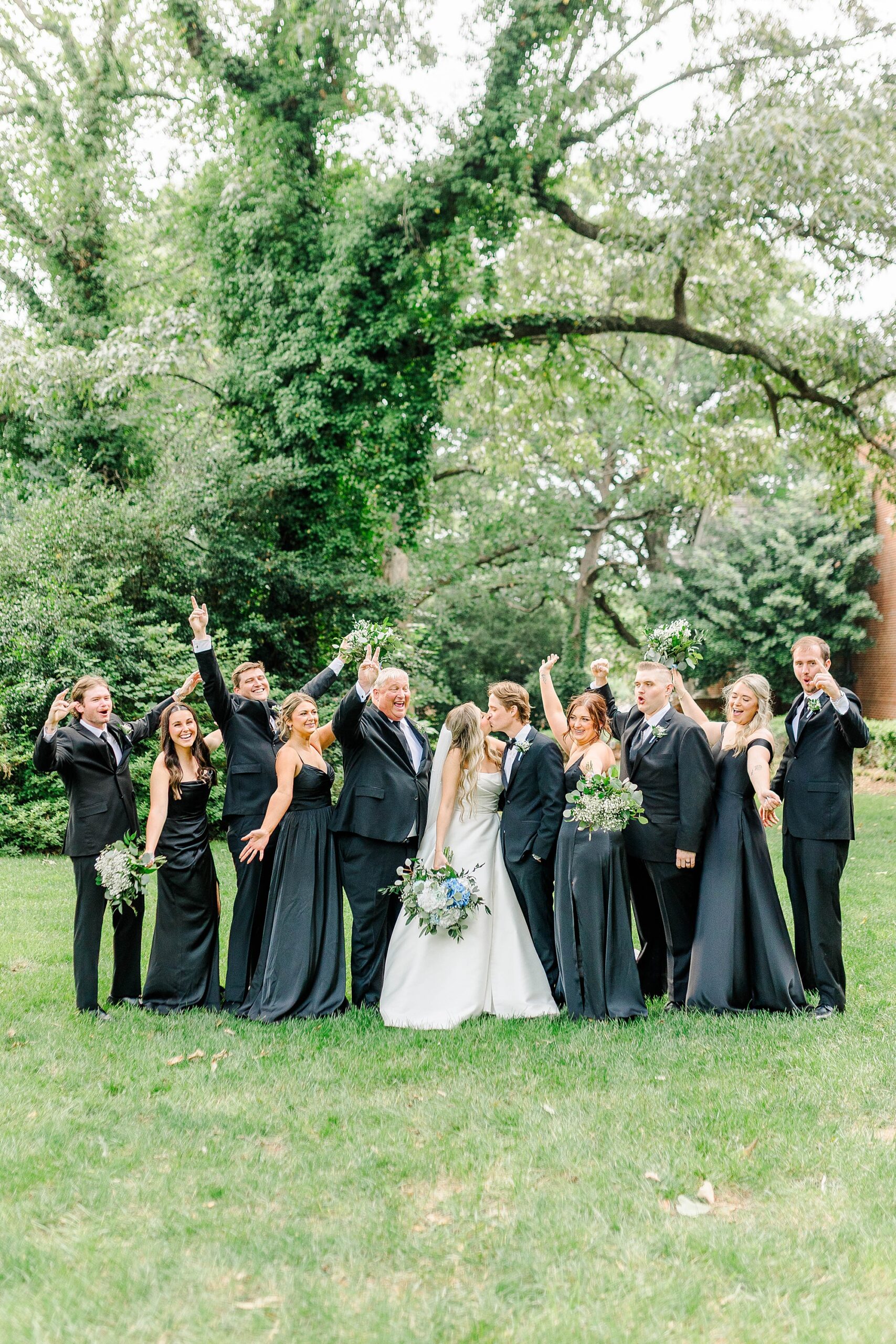 Traditional bridal party photos on Meredith College campus