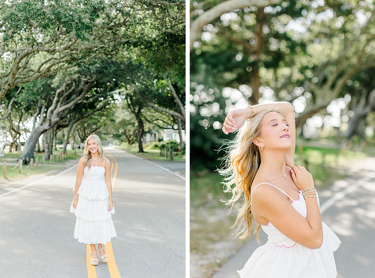 Senior girl in a white scalloped dress during her coastal senior session in Beaufort, NC.