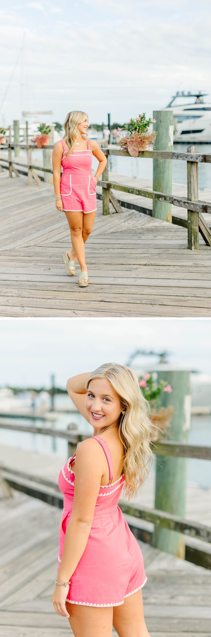Senior girl in a pink and white romper with chunky wedges, at the waterfront during her coastal senior session in Beaufort, NC.