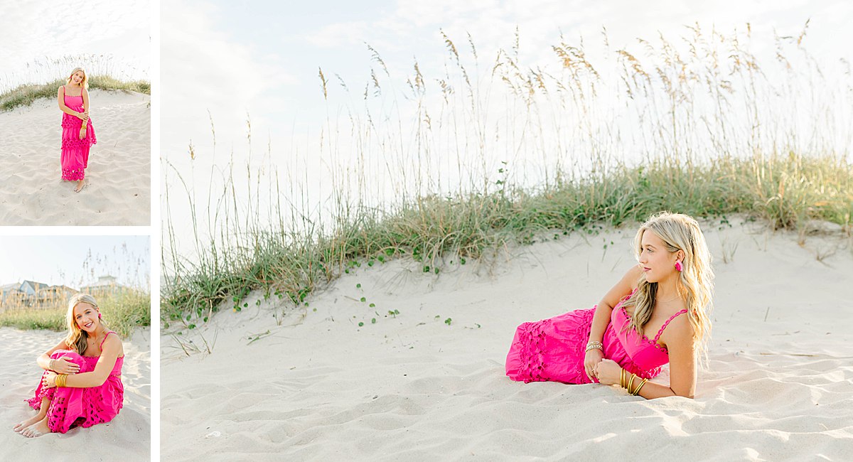 Senior girl in a pink layered dress, barefoot on the dunes during her coastal senior session in Beaufort, NC.