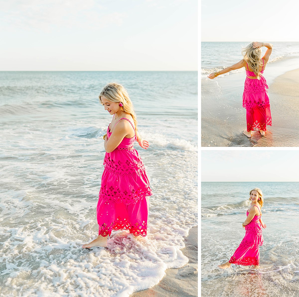 Senior girl in a pink layered dress, barefoot in the water during her coastal senior session in Beaufort, NC.
