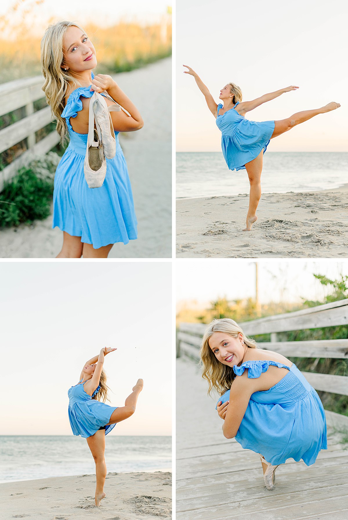 Senior girl in a blue dress, barefoot and with ballet slippers on the beach during her coastal senior session in Beaufort, NC.